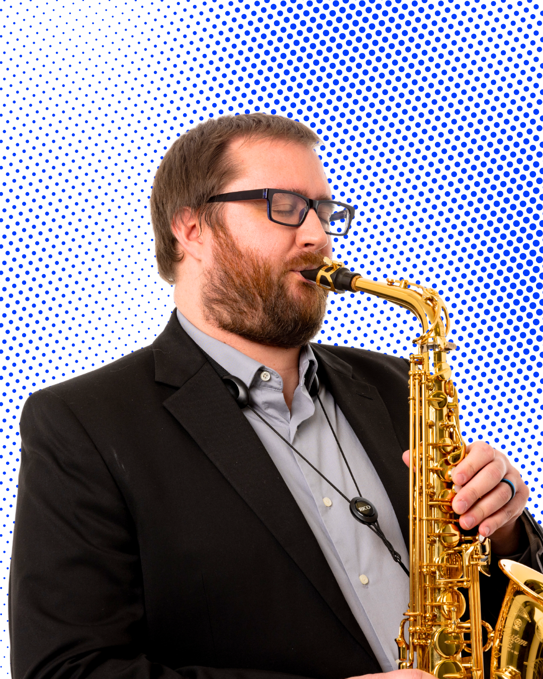 Jack Barton playing a saxophone in front of a blue dotted background